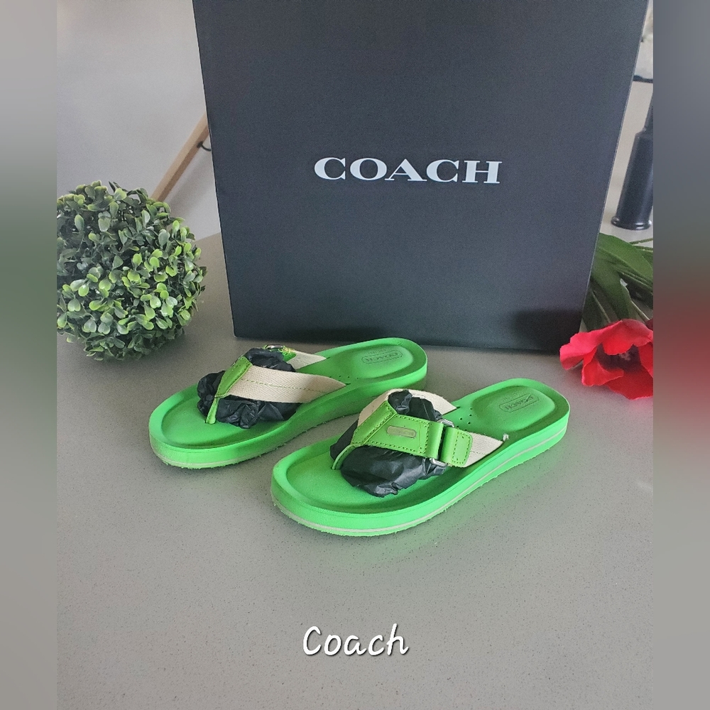 COACH Jolies sandales flip-flop légèrement  compensées vertes à logo